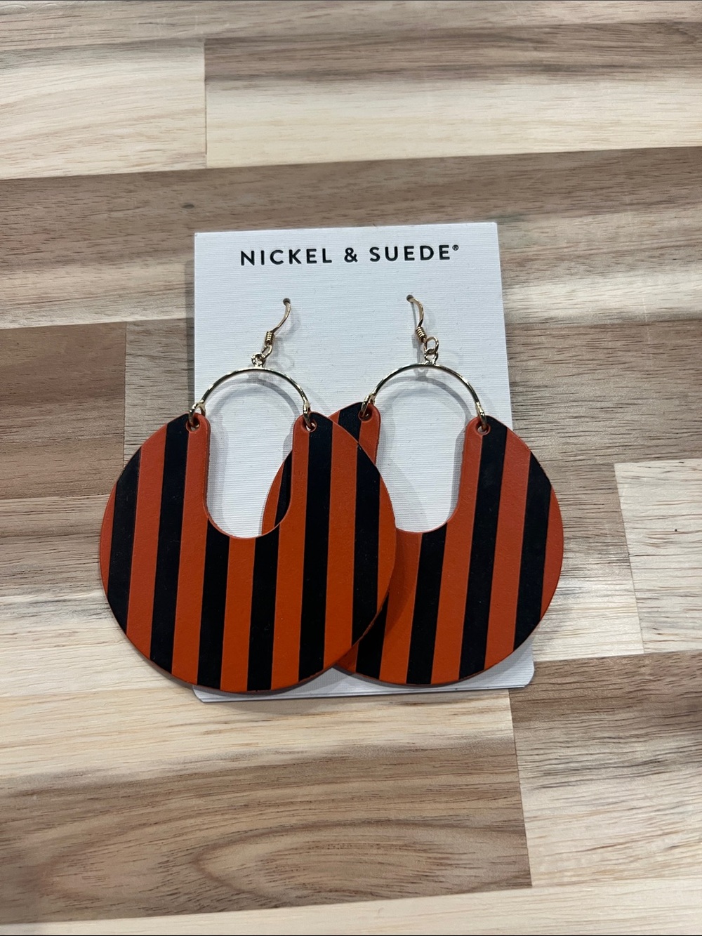 Nickel & Suede Orange and Black Striped Drop Earrings
